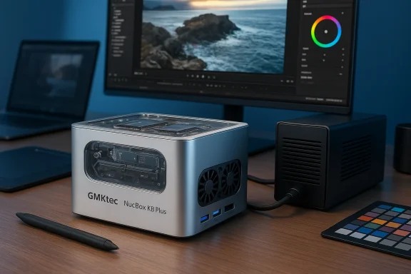 GMKtec NucBox KB Plus mini PC on a desk beside a monitor and color swatches.