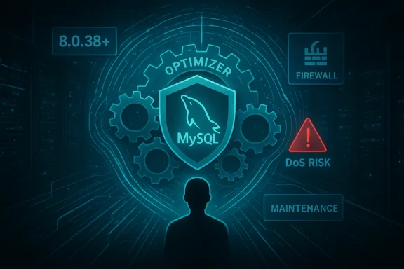Futuristic MySQL optimizer shield with gears, DoS risk and firewall indicators.