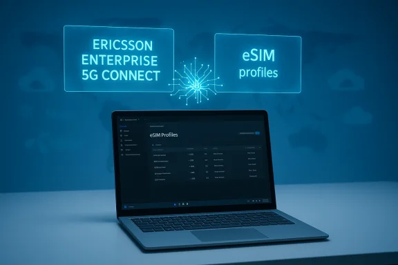 Laptop displays an eSIM Profiles dashboard as Ericsson 5G Connect holograms glow above. Laptop displays an eSIM Profiles dashboard as Ericsson 5G Connect holograms glow above.