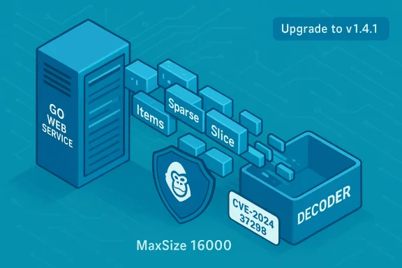 Isometric blue diagram of a web service server sending blocks to a decoder, CVE-2024-37298, upgrade to v1.4.1.