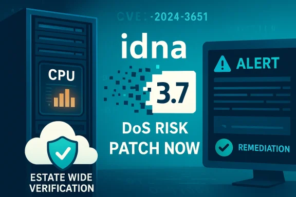 Tech security infographic warning of IDNA 3.7 DoS risk; patch now, with alerts and verification.