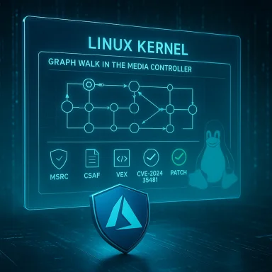 Blue holographic Linux Kernel diagram showing a graph walk with security patches and a shield.
