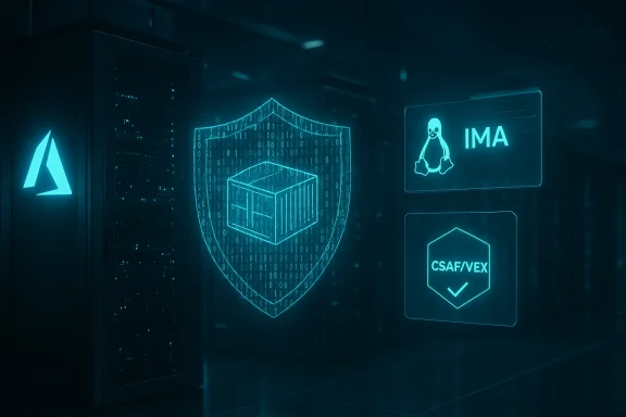 Futuristic data center with neon holographic security icons: shield, Linux penguin (IMA), and CSAF/VEX badge.
