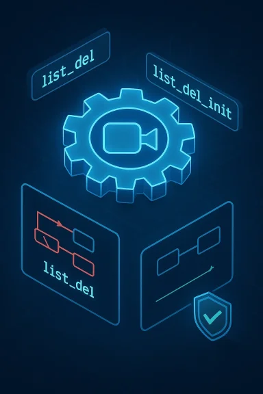 Neon software architecture diagram featuring list_del and list_del_init code blocks around a gear icon.