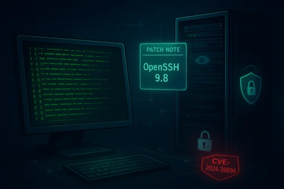 Cybersecurity scene: monitor with code, OpenSSH 9.8 patch note, and a secured server rack.