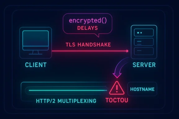 Neon diagram of a TLS handshake from client to server, showing encrypted() delays and a TOCTOU hostname warning.