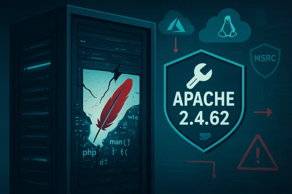 A server rack beside a large Apache 2.4.62 shield, with cloud icons and warning symbols.