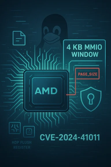 Stylized AMD CPU with a 4 KB MMIO window and CVE-2024-41011 reference.