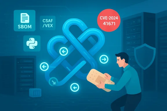 Cybersecurity illustration of a giant interlocking lock with SBOM/CSAF icons, a CVE badge, and a person examining a document.