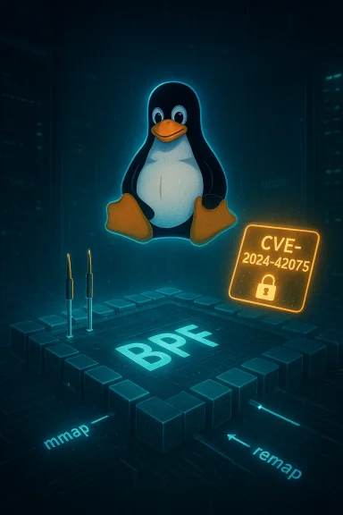 Tux the Linux penguin hovers above a glowing BPF platform in a cybersecurity scene.