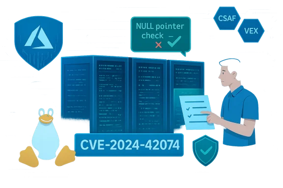 Cybersecurity illustration: servers, Linux penguin, and CVE-2024-42074 vulnerability checklist.