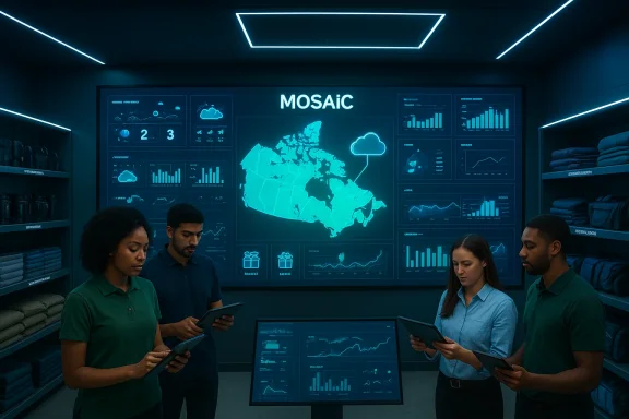 A diverse team analyzes data on tablets in a neon-blue control room with a large map projection.