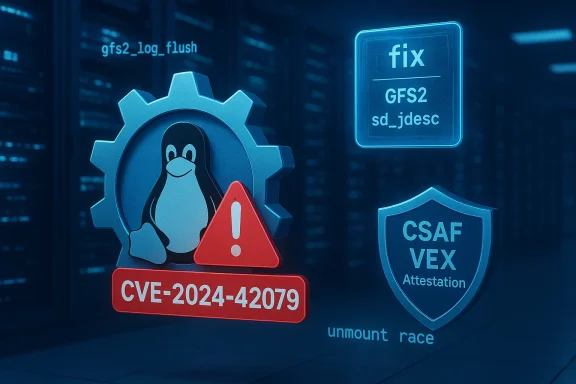 Linux security illustration showing CVE-2024-42079 with a GFS2 fix.