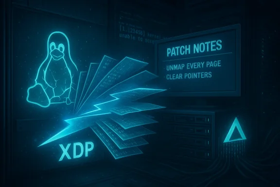 Neon blue server room with a glowing Linux penguin, XDP logo, and patch notes.
