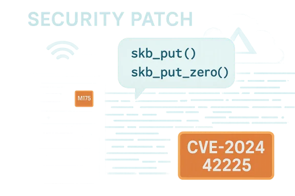 Security patch graphic highlighting CVE-2024-42225, skb_put() and skb_put_zero().