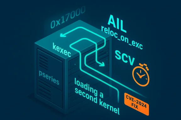 Server rack with neon kexec boot flow, loading a second kernel for CVE-2024 fix.