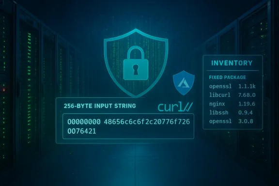 Futuristic data center with a holographic shield lock and software inventory overlay.