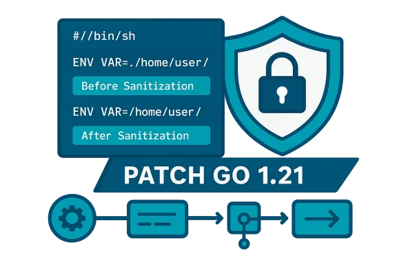 Illustration of a Go patch 1.21 showing environment variable sanitization before and after.