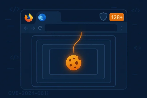 Burning orange cookie icon in a browser window, highlighting CVE-2024-6611 security vulnerability.