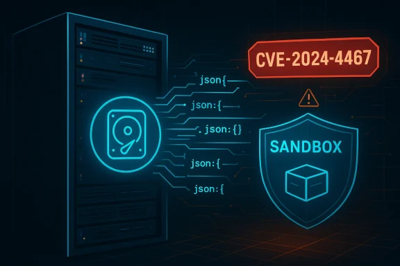 Cybersecurity-themed scene showing a server, JSON data streams, a CVE-2024-4467 alert, and a Sandbox shield.