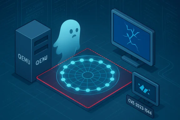 CVE-2023-1544 vulnerability in QEMU depicted by a ghost near a server and a cracked monitor.