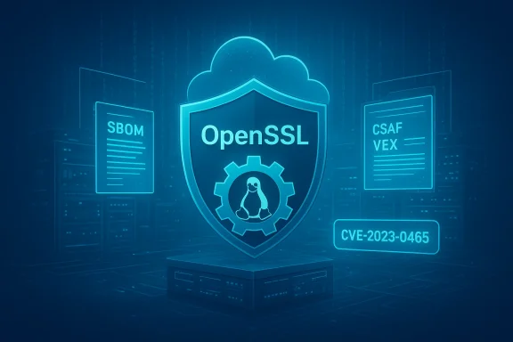 OpenSSL shield icon with Linux penguin, cloud, and CVE-2023-0465 badge.
