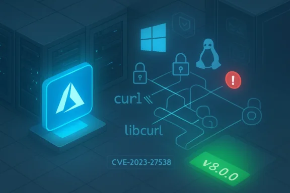 Cybersecurity illustration showing curl/libcurl CVE-2023-27538 with Windows and Linux icons.