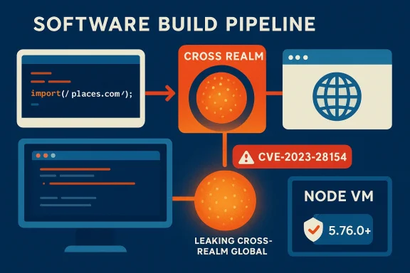 Software build pipeline showing a cross-realm vulnerability (CVE-2023-28154) leaking into Node VM.