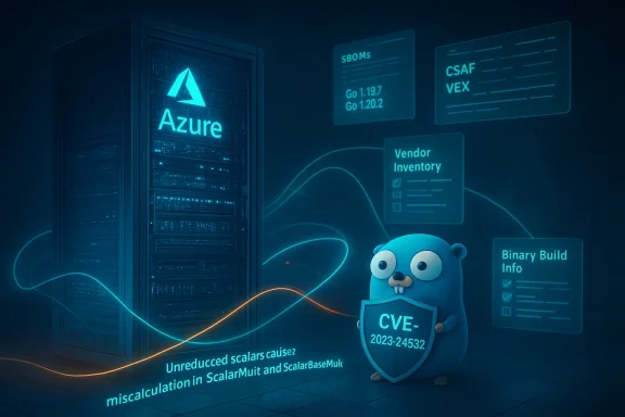 Azure server rack glows blue as a cute mascot guards CVE-2023-24532.