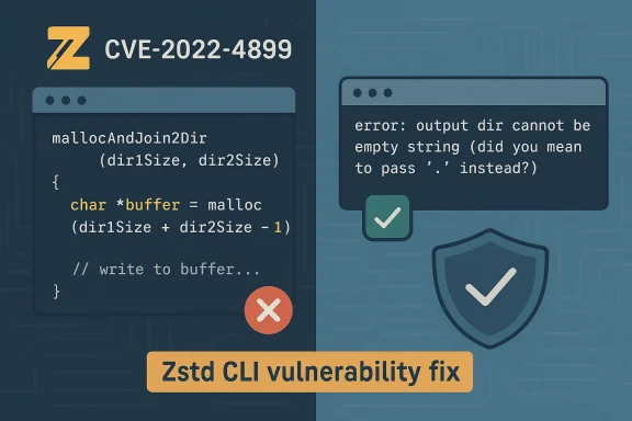 Zstd CLI vulnerability fix for CVE-2022-4899, showing code and an error message.
