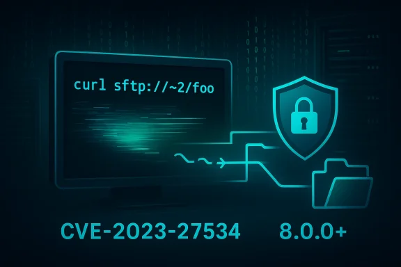 Cybersecurity illustration with curl sftp code, shield icon, and CVE-2023-27534.