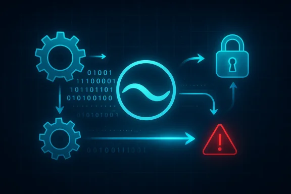 Neon cybersecurity diagram with gears, data flow, a lock, and a warning symbol.