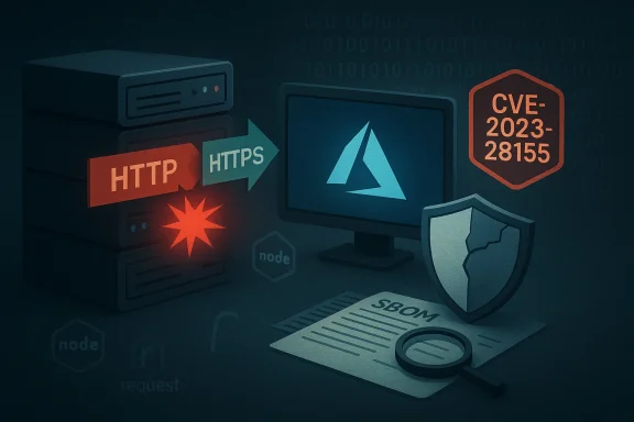 Cybersecurity scene: servers, HTTP to HTTPS, Azure logo, SBOM and shield labeled CVE-2023-28155. Cybersecurity scene: servers, HTTP to HTTPS, Azure logo, SBOM and shield labeled CVE-2023-28155.