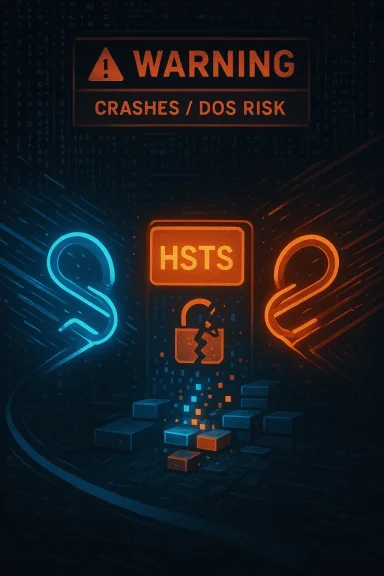 Warning: Crashes/DOS risk; neon sign shows HSTS amid glowing digital bricks.