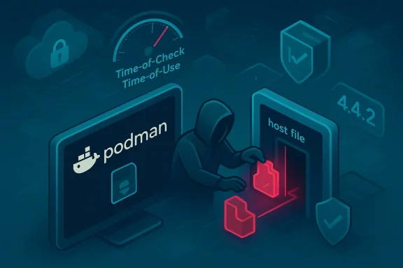 A hooded hacker taps red icons on a host file screen beside Podman.