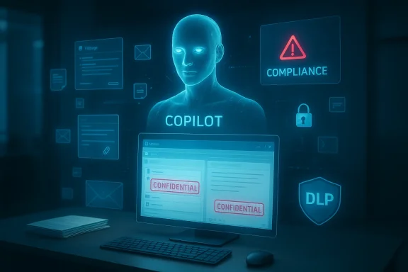 A blue holographic interface shows COPILOT beside a monitor labeled CONFIDENTIAL.