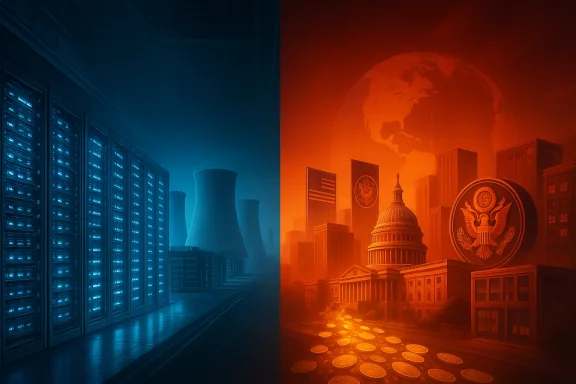 Blue data center on the left contrasts with an orange Capitol, coins, and globe skyline on the right.