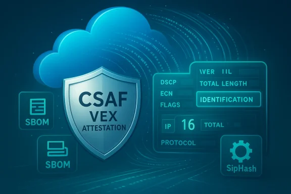 Cloud security concept with CSAF VEX Attestation shield, SBOM icons, and a protocol dashboard.