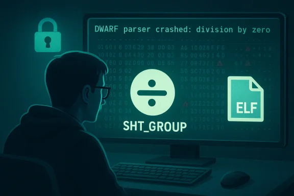 Person at a computer sees a monitor showing a DWARF parser crash and an ELF file icon.