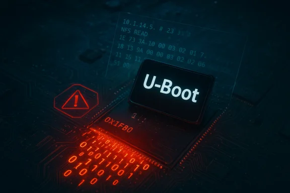 A glowing U-Boot screen rests on a red-lit circuit board beside a warning icon.
