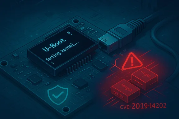 Circuit board shows U-Boot boot screen and a CVE-2019-14202 warning.