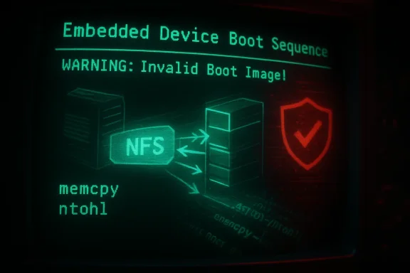 Retro green screen shows an embedded device boot sequence with an 'Invalid Boot Image' warning and an NFS diagram.
