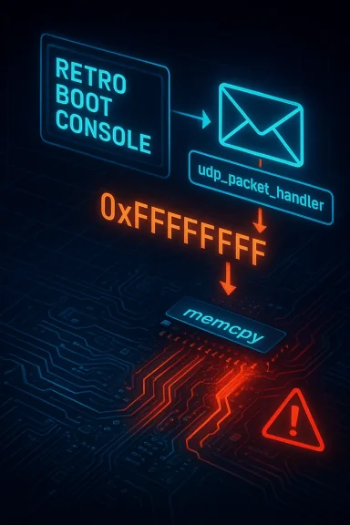 Neon circuit diagram of a retro boot console handling a UDP packet and memcpy, with a warning symbol.