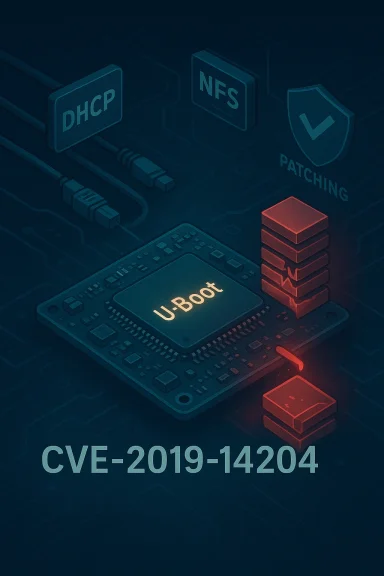 Illustration of U-Boot vulnerability CVE-2019-14204 on a circuit board with DHCP, NFS and patching icons.