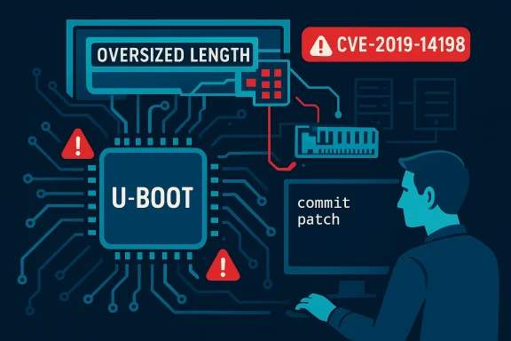 Tech illustration showing U-Boot vulnerability CVE-2019-14198 and a patch.