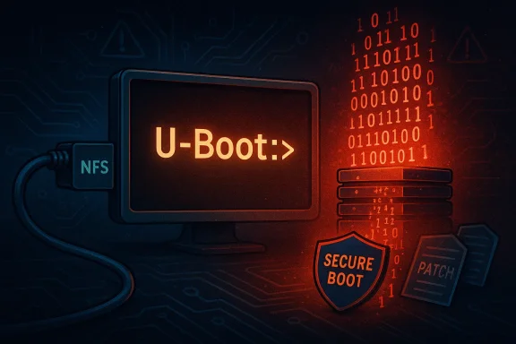 U-Boot prompt on a monitor, with a Secure Boot shield and patch cards in a cyber security scene.