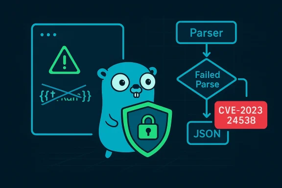 Cute blue beaver with a shield blocks a failed JSON parse tied to CVE-2023-24538.