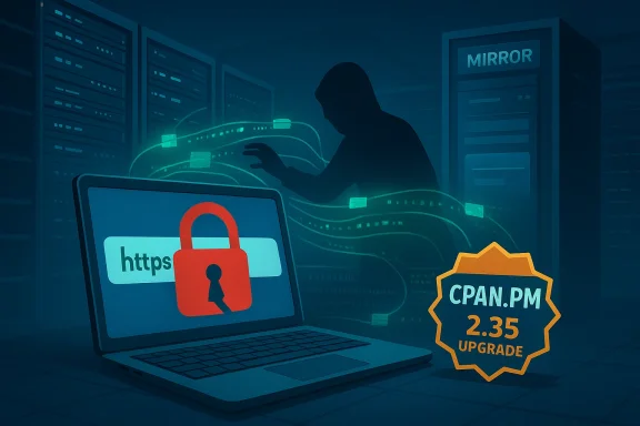 A hacker in a server room breaches a laptop showing HTTPS padlock, beside a CPAN.pm upgrade badge.