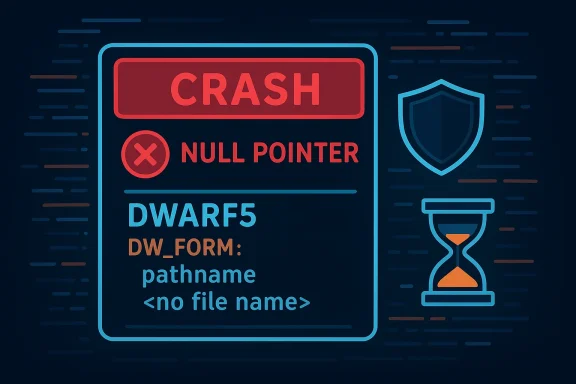 Neon crash screen showing a NULL POINTER error and DWARF5 data.