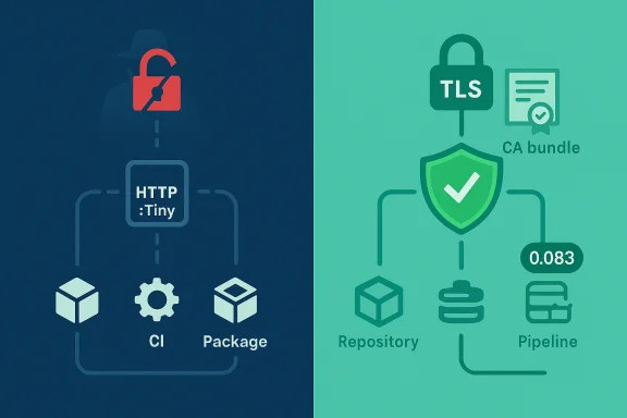 Split infographic showing HTTP Tiny CI packaging on the left and TLS/CA bundle security in the repo pipeline on the right.
